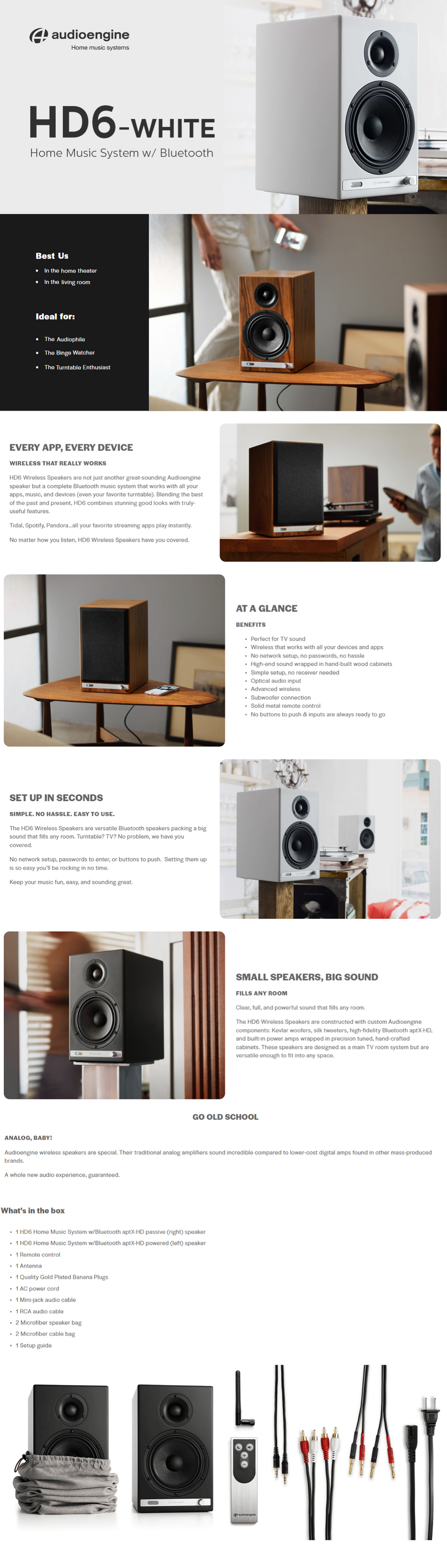 A large marketing image providing additional information about the product Audioengine HD6 - Powered Wireless Bookshelf Speakers (Gloss White) - Additional alt info not provided
